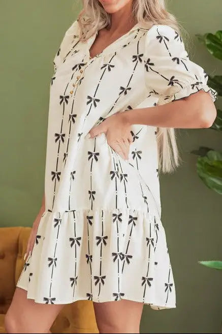 Sizes SM & MED Logan Day Dress Mini Bowknot Print - Day Dress
