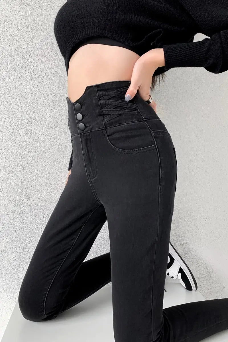 Women’s black skinny pencil jeans with three buttons, vintage high waist, slim stretch