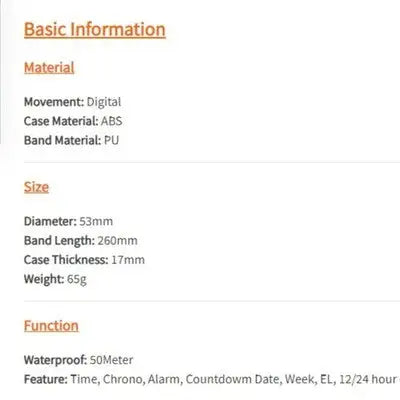 Product specifications for Skmei Men’s Digital Sport Watch with water resistant feature