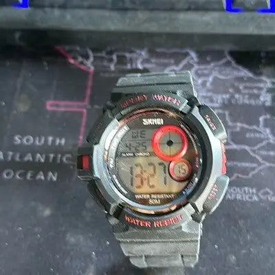Black digital sport watch with red accent dial, water resistant outdoor wristwatch