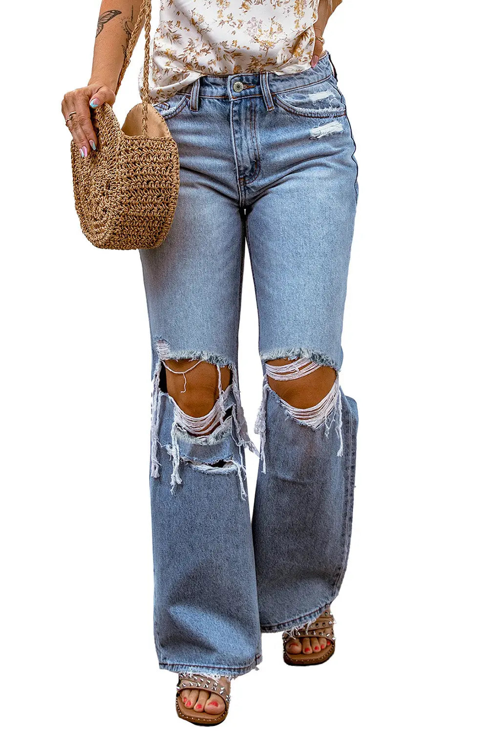 Sky Blue Destroyed Open Knee Wide Leg Jeans with light wash and distressed style