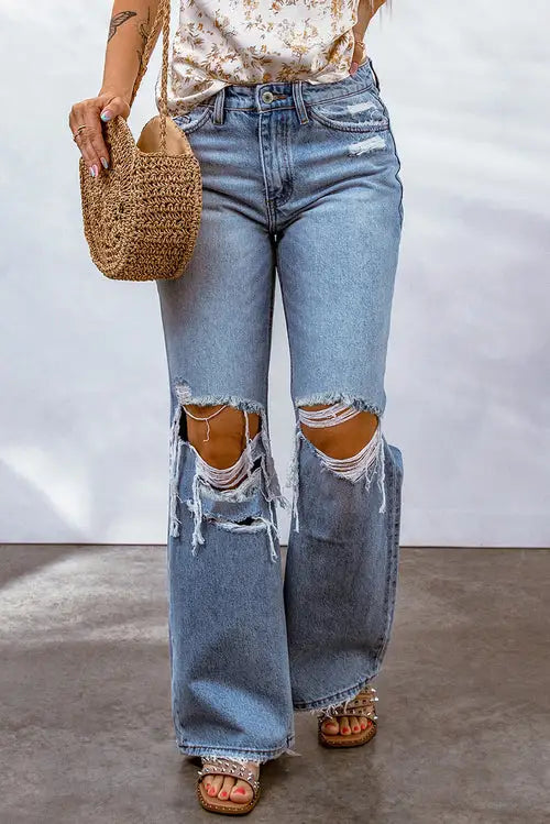 Sky Blue Destroyed Wide Leg Jeans with Ripped Knees for a relaxed stylish look