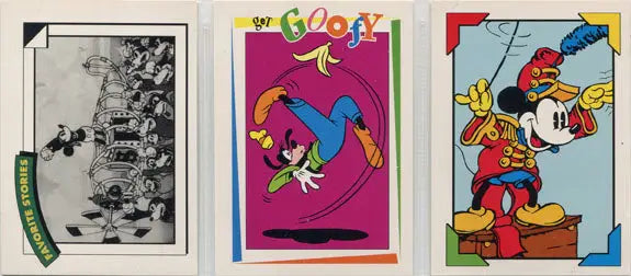 Three trading cards featuring Disney cartoon characters and a black-and-white photo