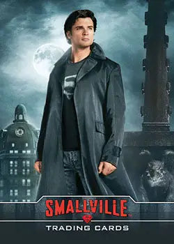 Young man in dark coat with moody cityscape on Smallville Promo Card trading cards