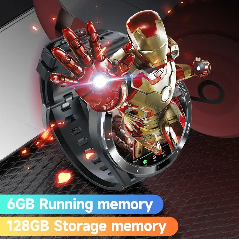 Black Iron Man-themed Smartwatch with 6GB RAM, 128GB storage, 1.6-inch touch screen