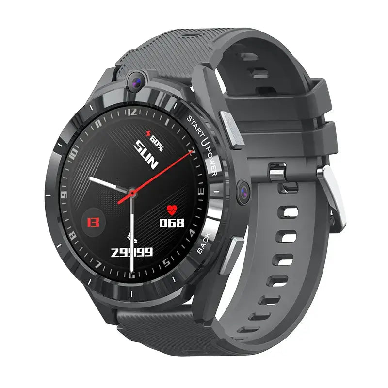 Dark gray smartwatch 128gb battery with circular face showing time, date, heart rate, steps