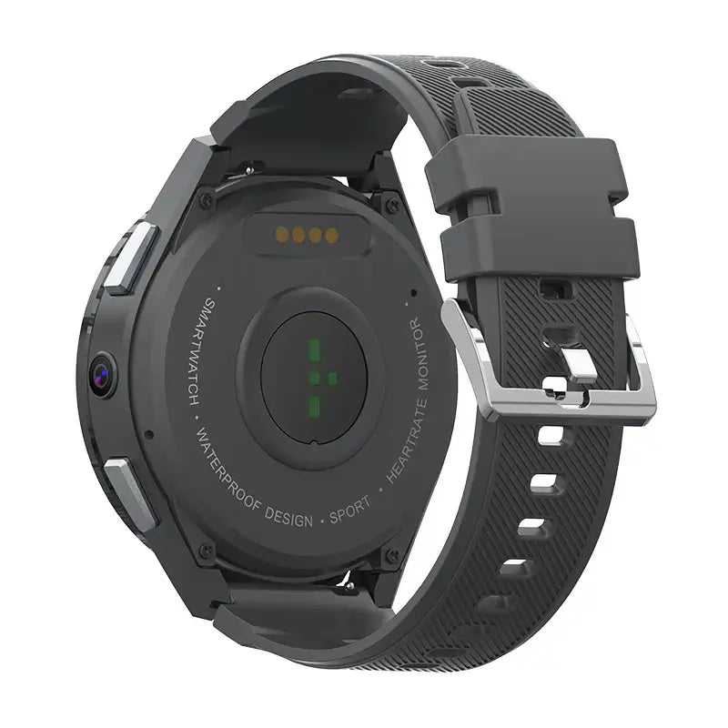 Dark gray smartwatch 128gb battery with textured band, heart rate monitor, charging pins