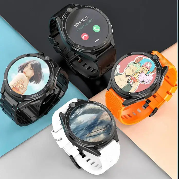 Smartwatch 128GB battery with circular displays, different watch faces, and band colors