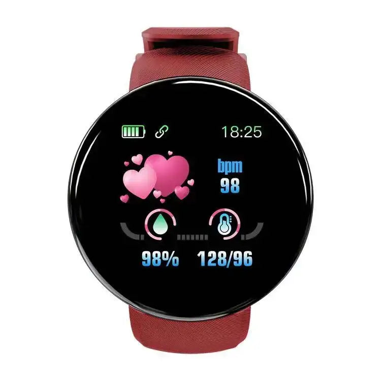 Smartwatch with HD LCD Screen D18 showing heart rate blood pressure and oxygen levels