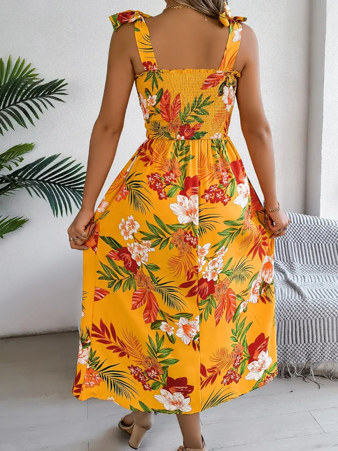 Smocked Floral Tie Shoulder Midi Dress - dress