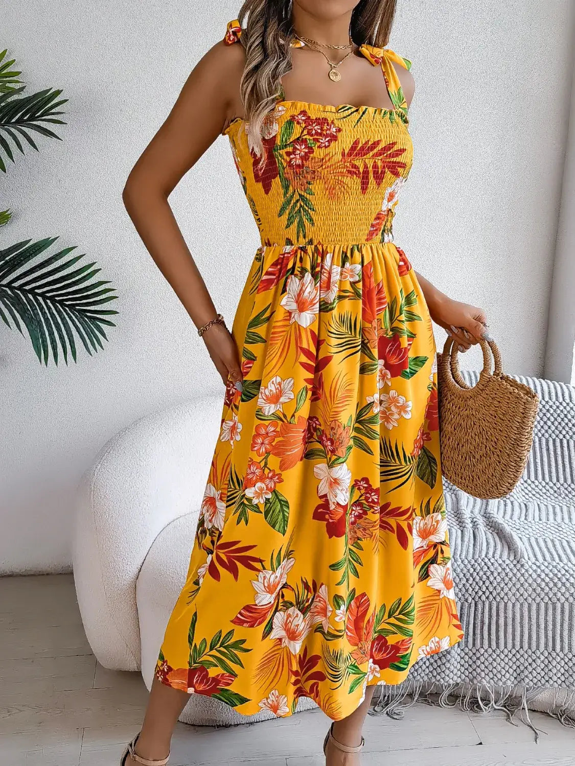 Smocked Floral Tie Shoulder Midi Dress - dress