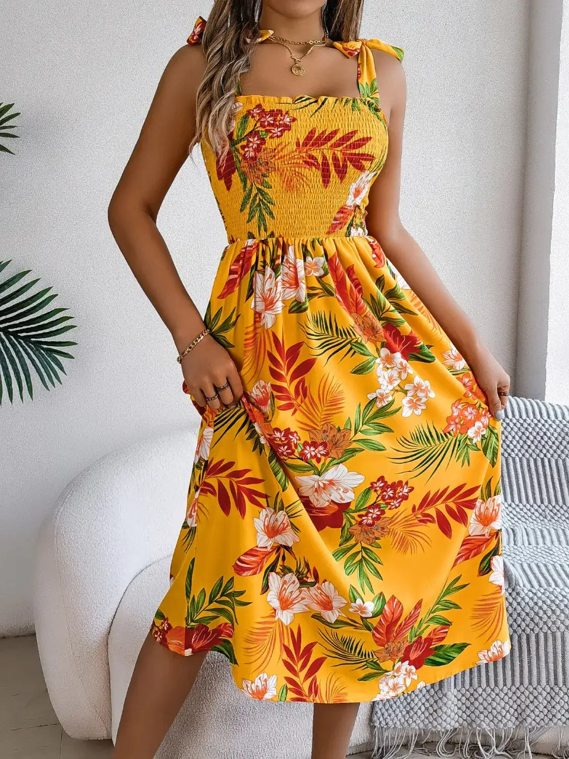 Smocked Floral Tie Shoulder Midi Dress - dress