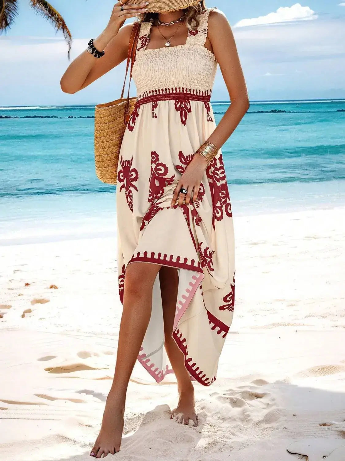 Smocked Printed Wide Strap Maxi Dress - dress