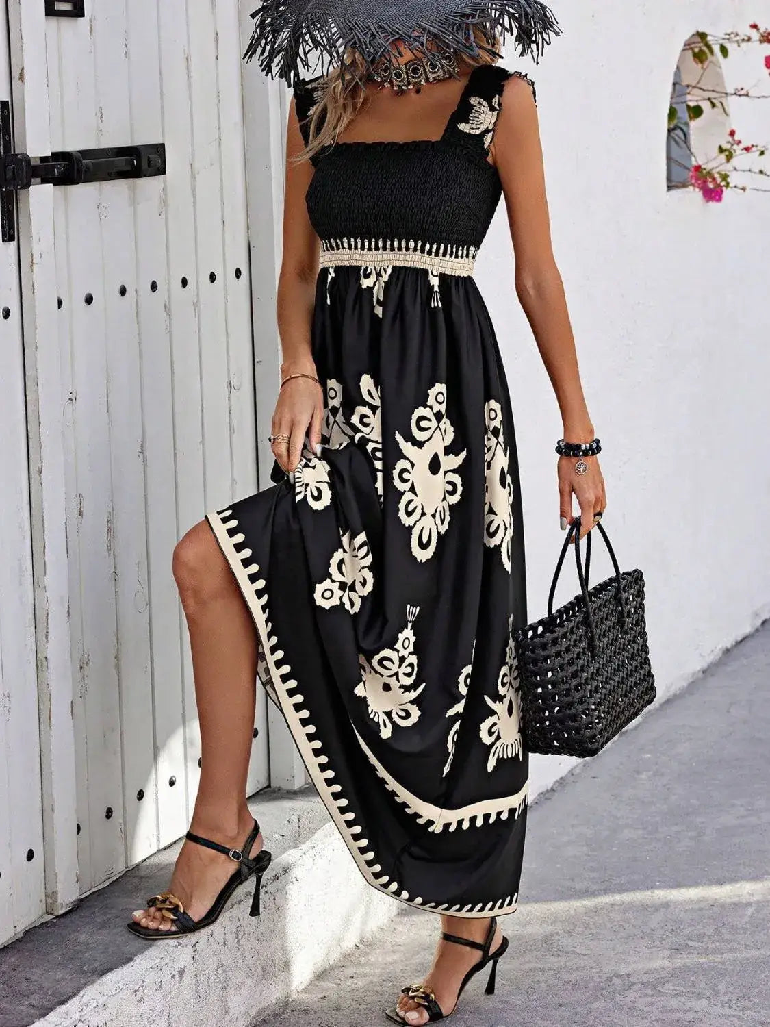 Smocked Printed Wide Strap Maxi Dress - dress