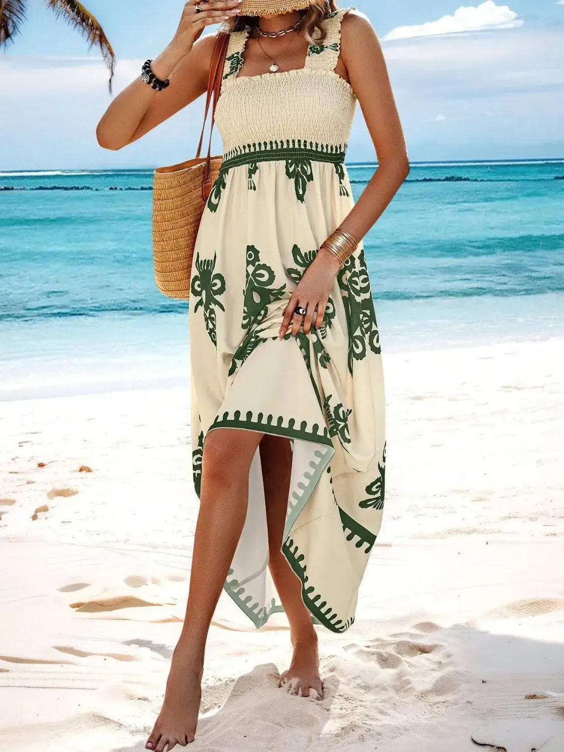 Smocked Printed Wide Strap Maxi Dress - dress