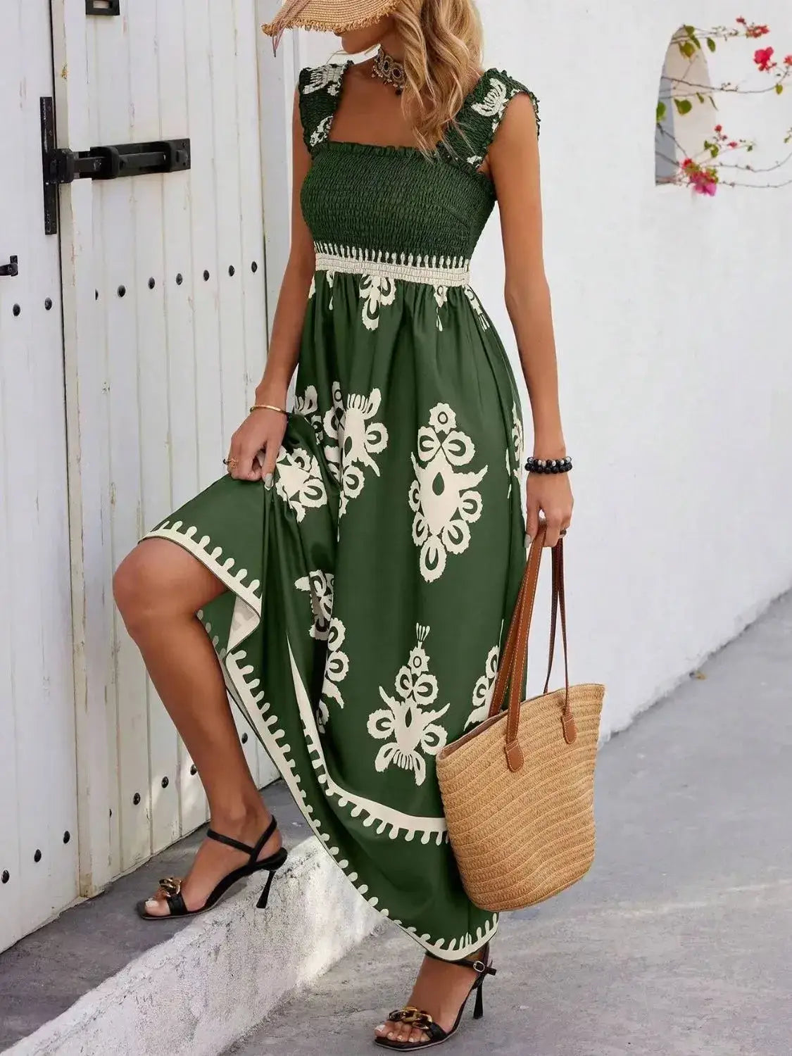 Smocked Printed Wide Strap Maxi Dress - dress