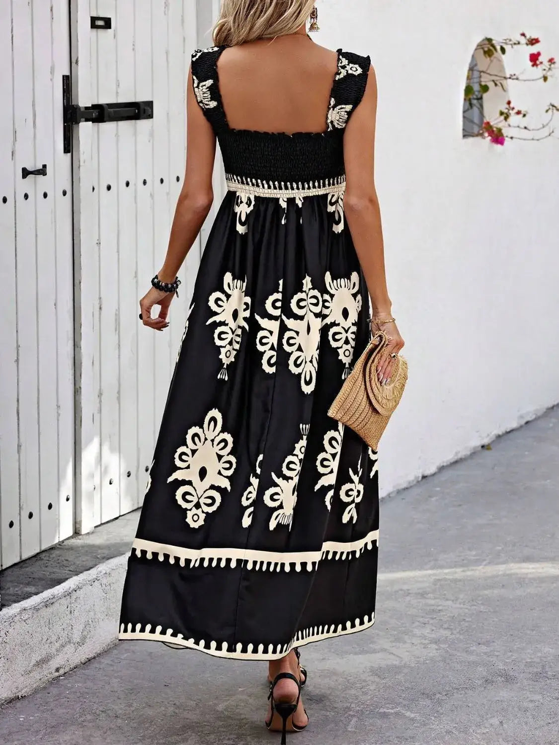 Smocked Printed Wide Strap Maxi Dress - dress