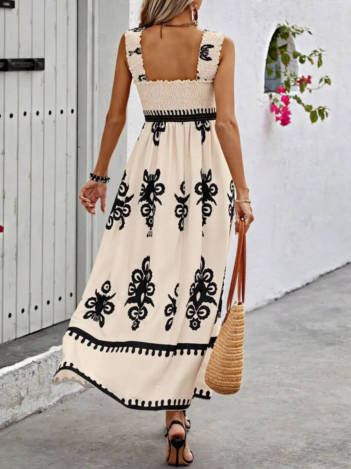 Smocked Printed Wide Strap Maxi Dress - dress