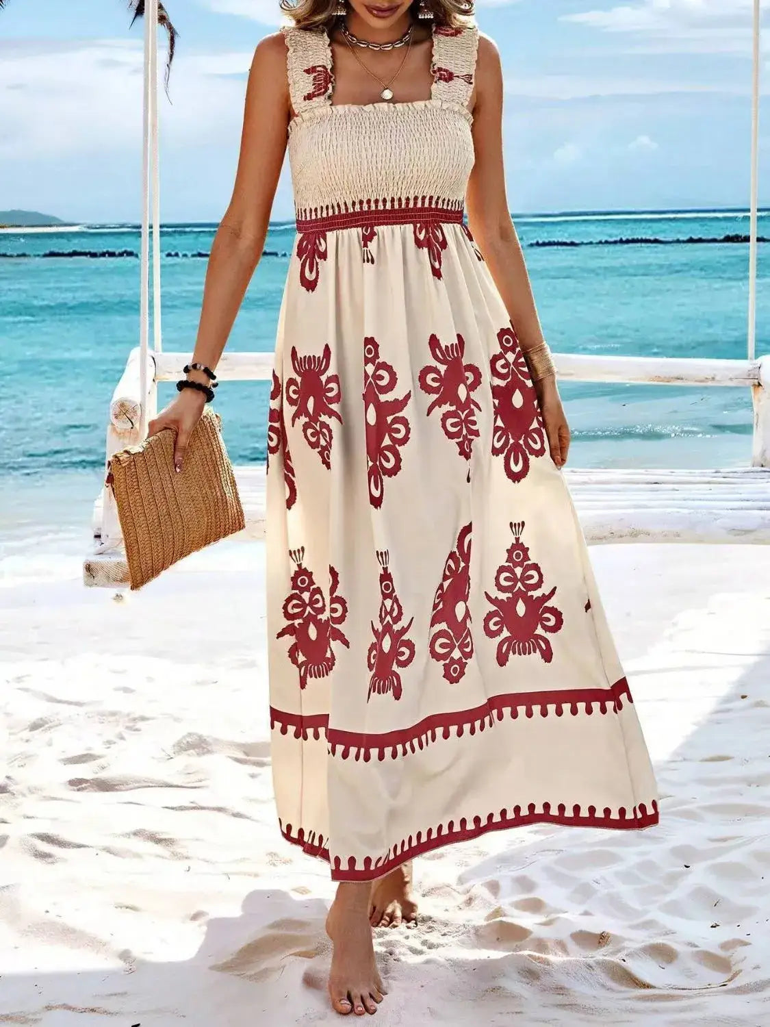 Smocked Printed Wide Strap Maxi Dress - dress