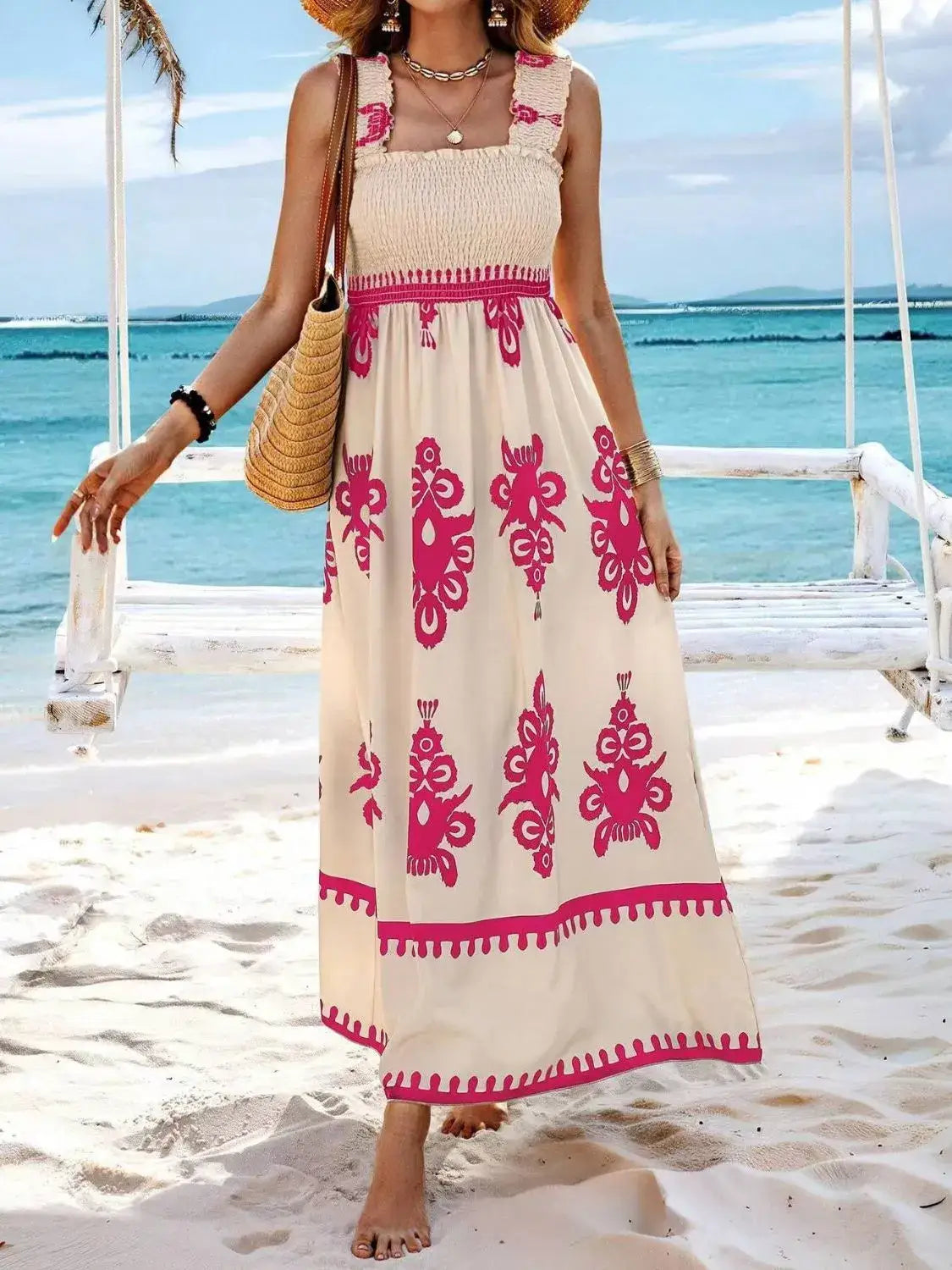 Smocked Printed Wide Strap Maxi Dress - dress