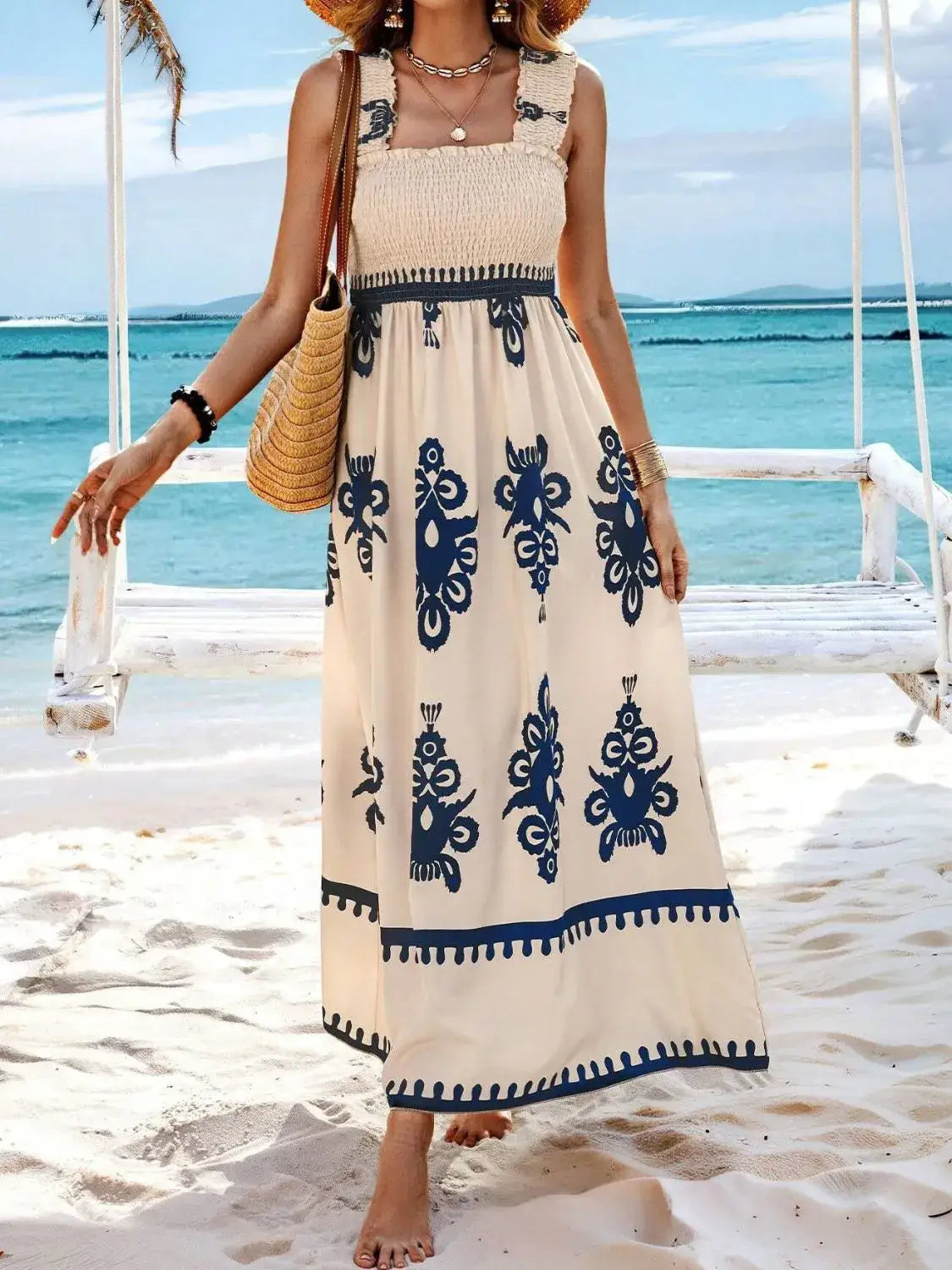 Smocked Printed Wide Strap Maxi Dress - dress