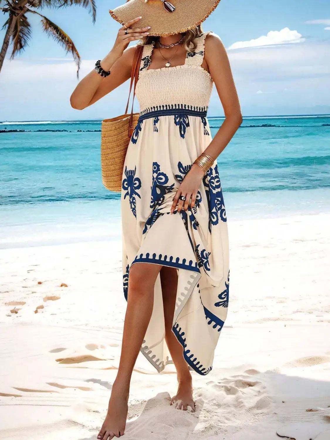 Smocked Printed Wide Strap Maxi Dress - dress