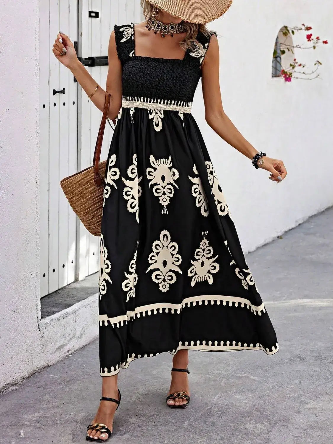 Smocked Printed Wide Strap Maxi Dress - dress