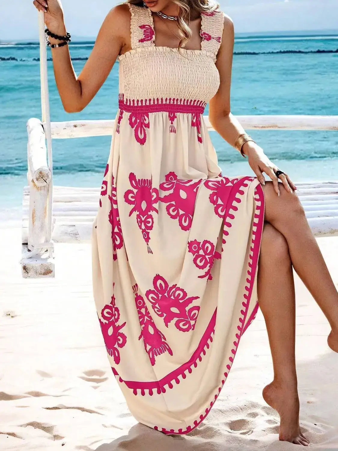 Smocked Printed Wide Strap Maxi Dress - dress