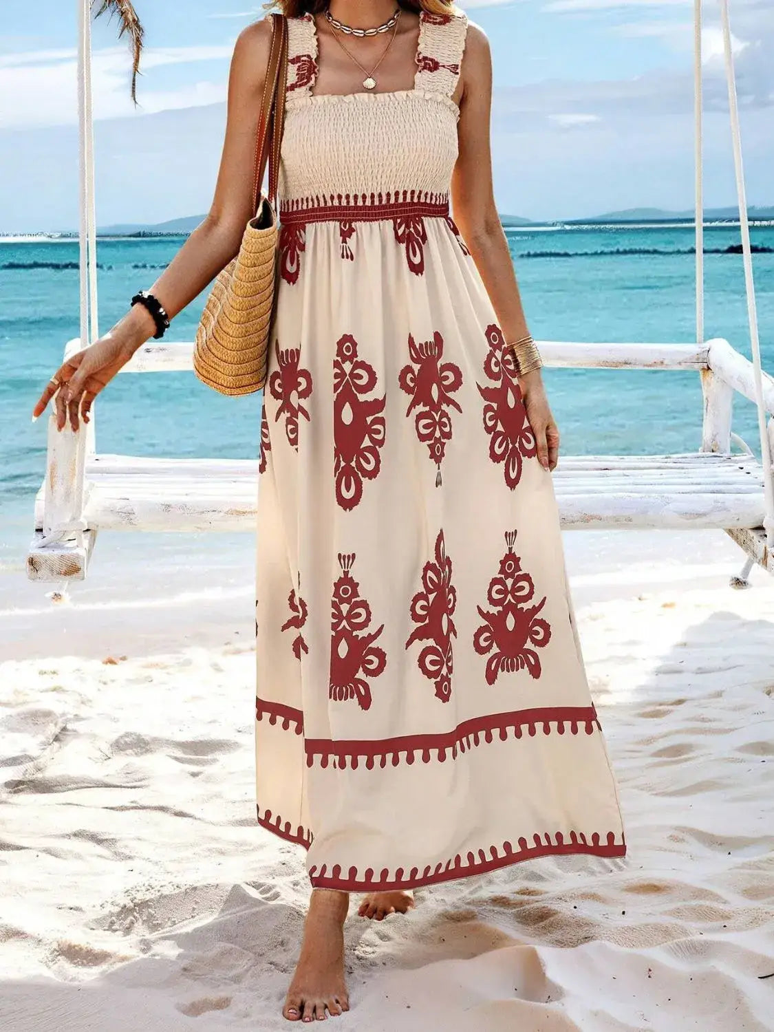 Smocked Printed Wide Strap Maxi Dress - dress