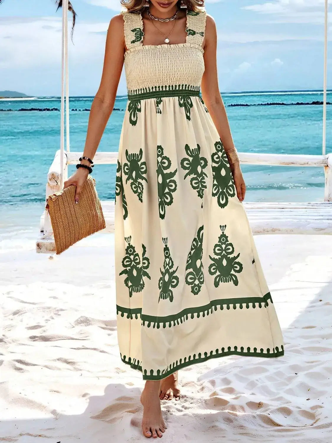 Smocked Printed Wide Strap Maxi Dress - dress