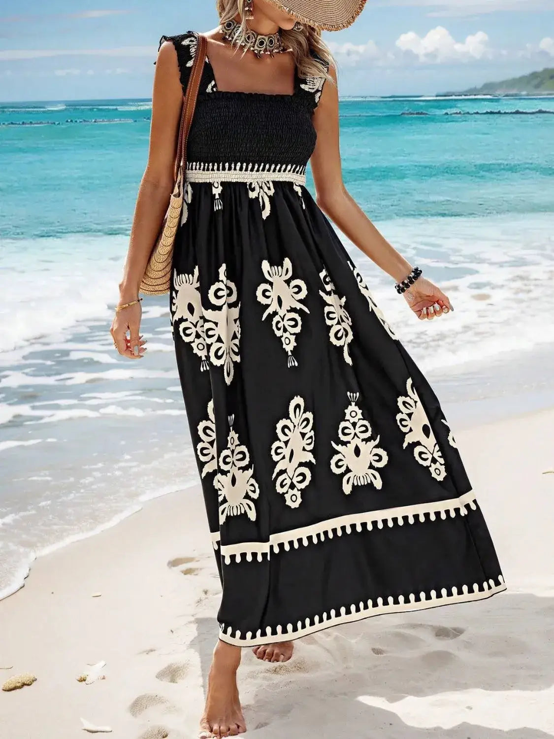 Smocked Printed Wide Strap Maxi Dress - dress