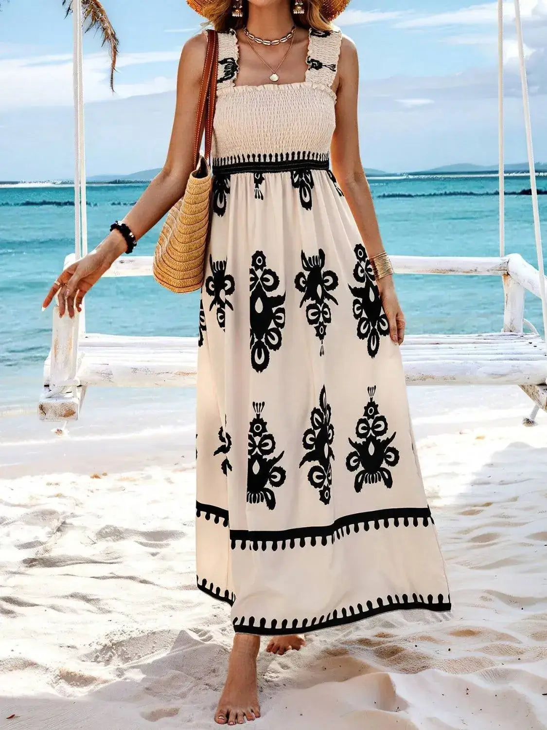 Smocked Printed Wide Strap Maxi Dress - dress