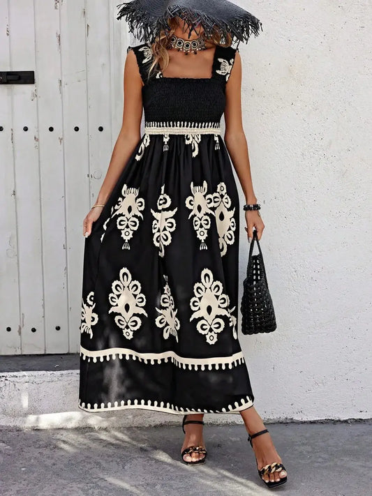 Smocked Printed Wide Strap Maxi Dress - Black / S - dress