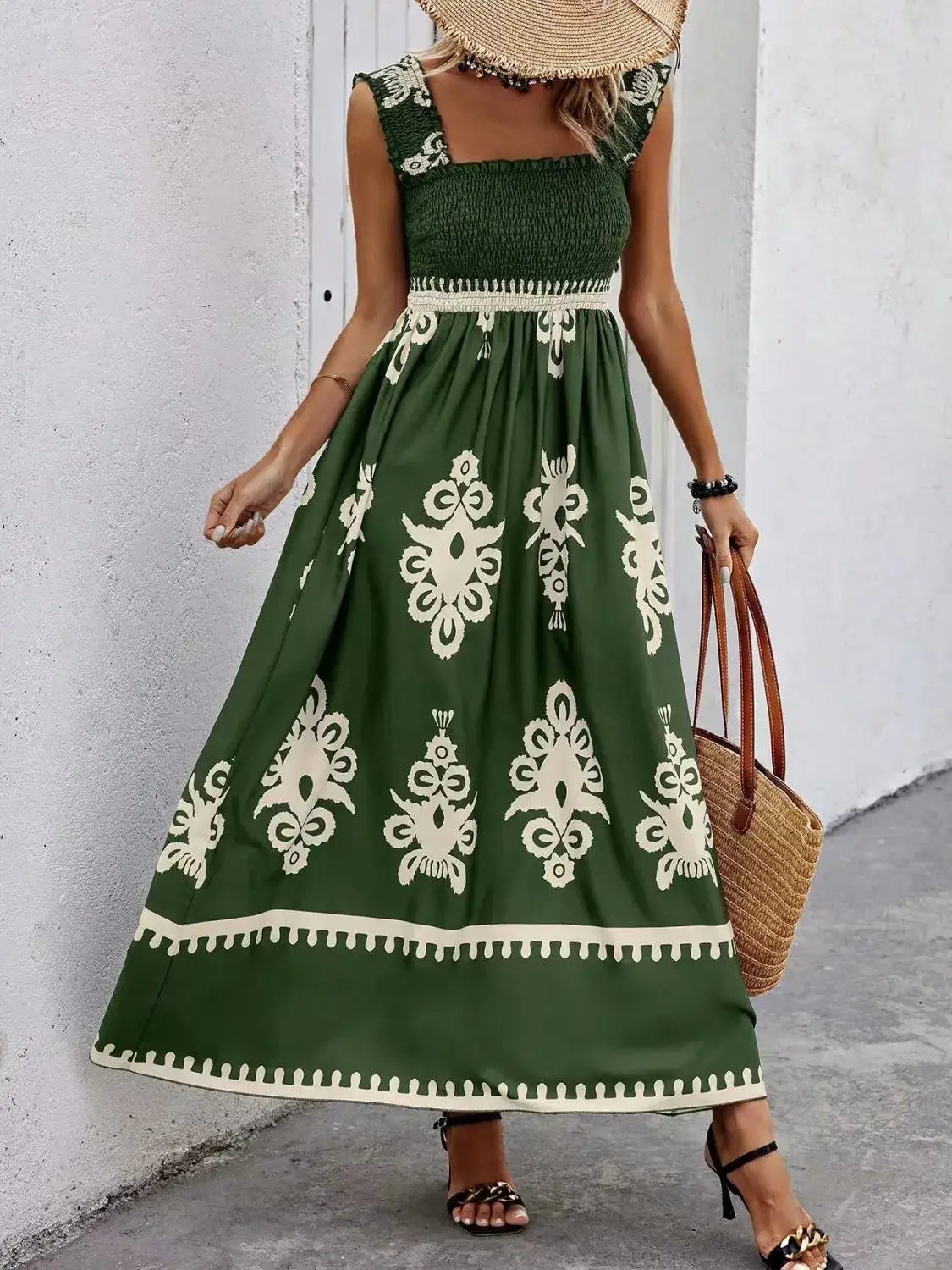 Smocked Printed Wide Strap Maxi Dress - Dark Green / S - dress