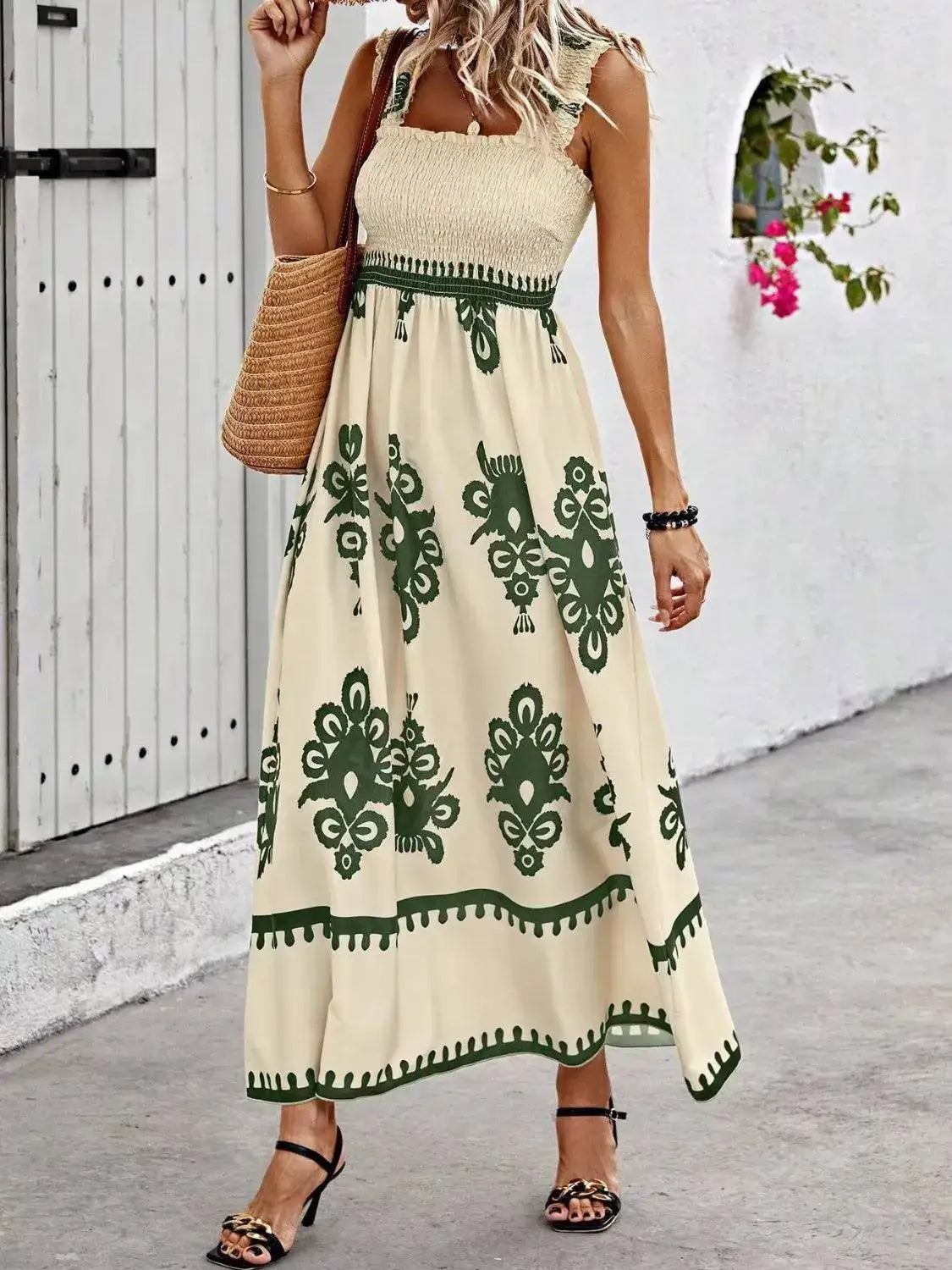Smocked Printed Wide Strap Maxi Dress - Moss / S - dress