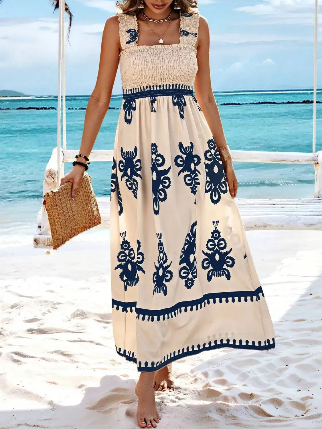 Smocked Printed Wide Strap Maxi Dress - Peacock Blue / S - dress