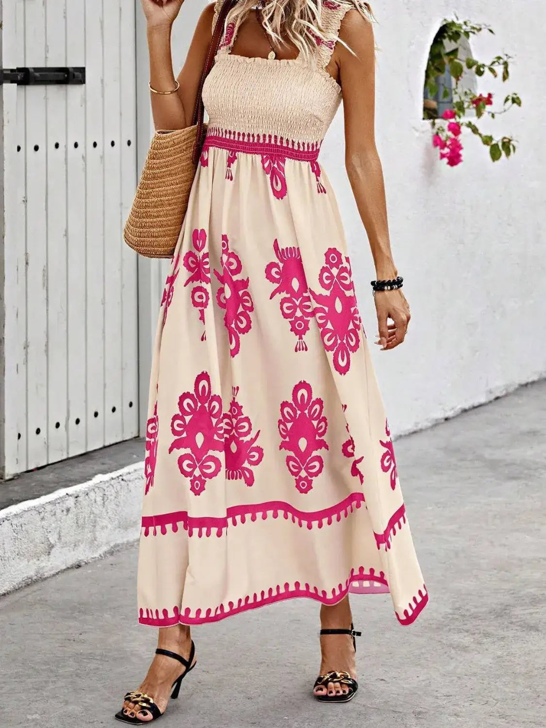 Smocked Printed Wide Strap Maxi Dress - Pink / S - dress