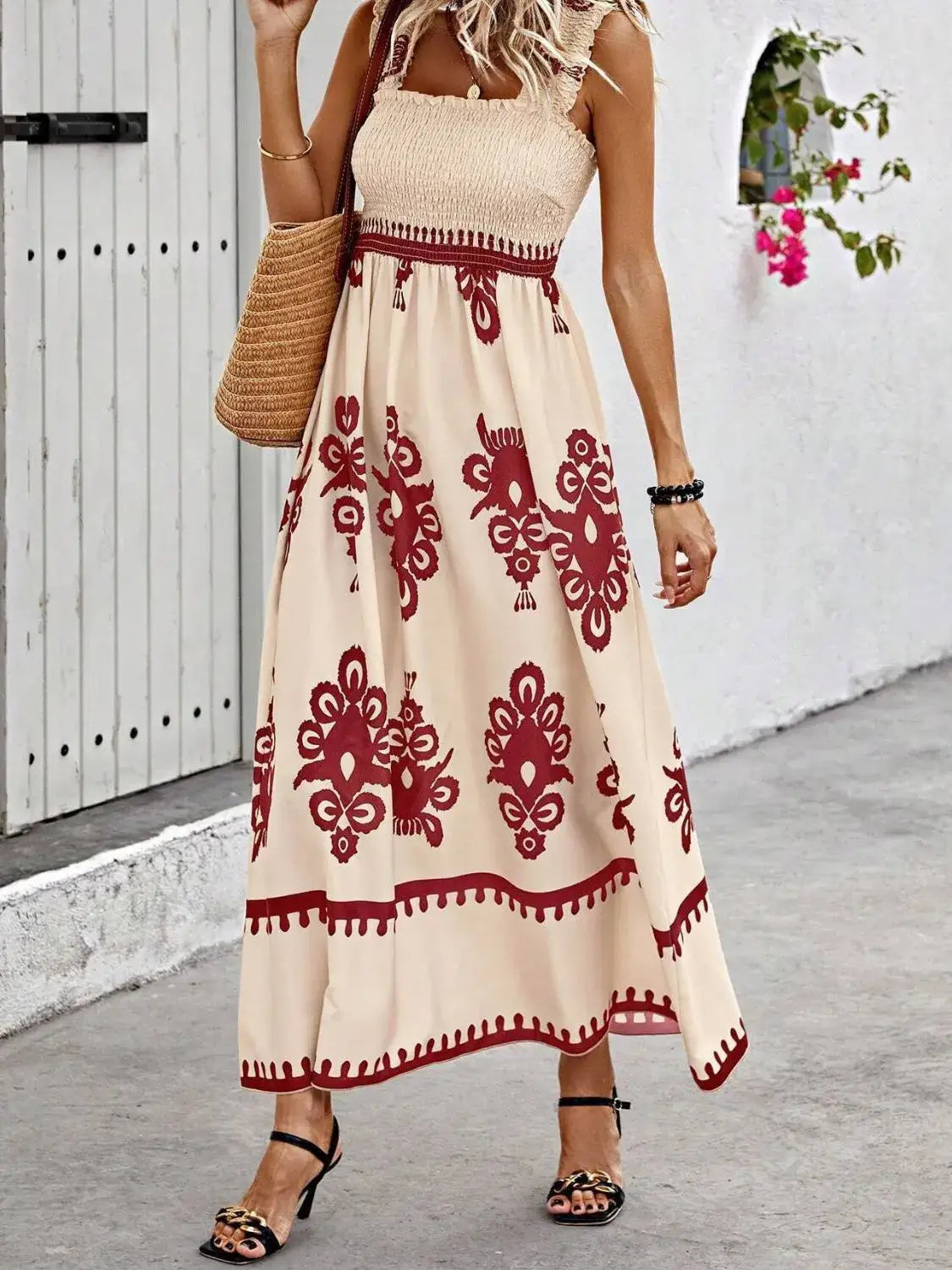Smocked Printed Wide Strap Maxi Dress - Rust / XL - dress