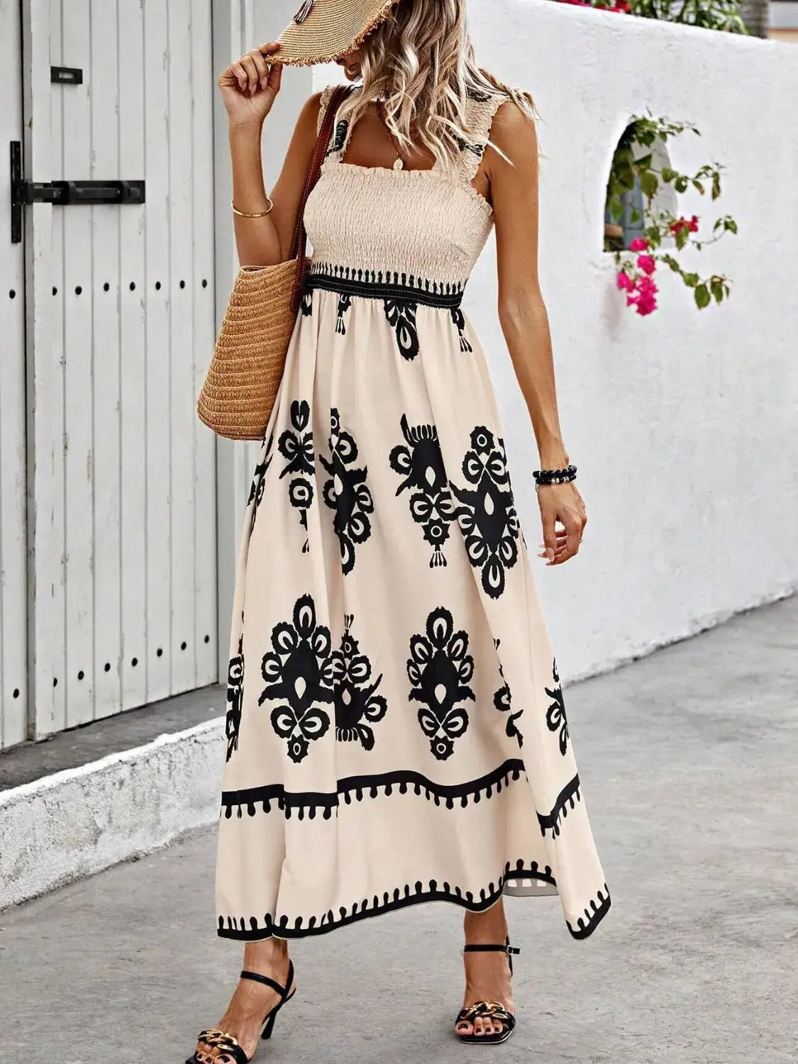 Smocked Printed Wide Strap Maxi Dress - Tan / S - dress