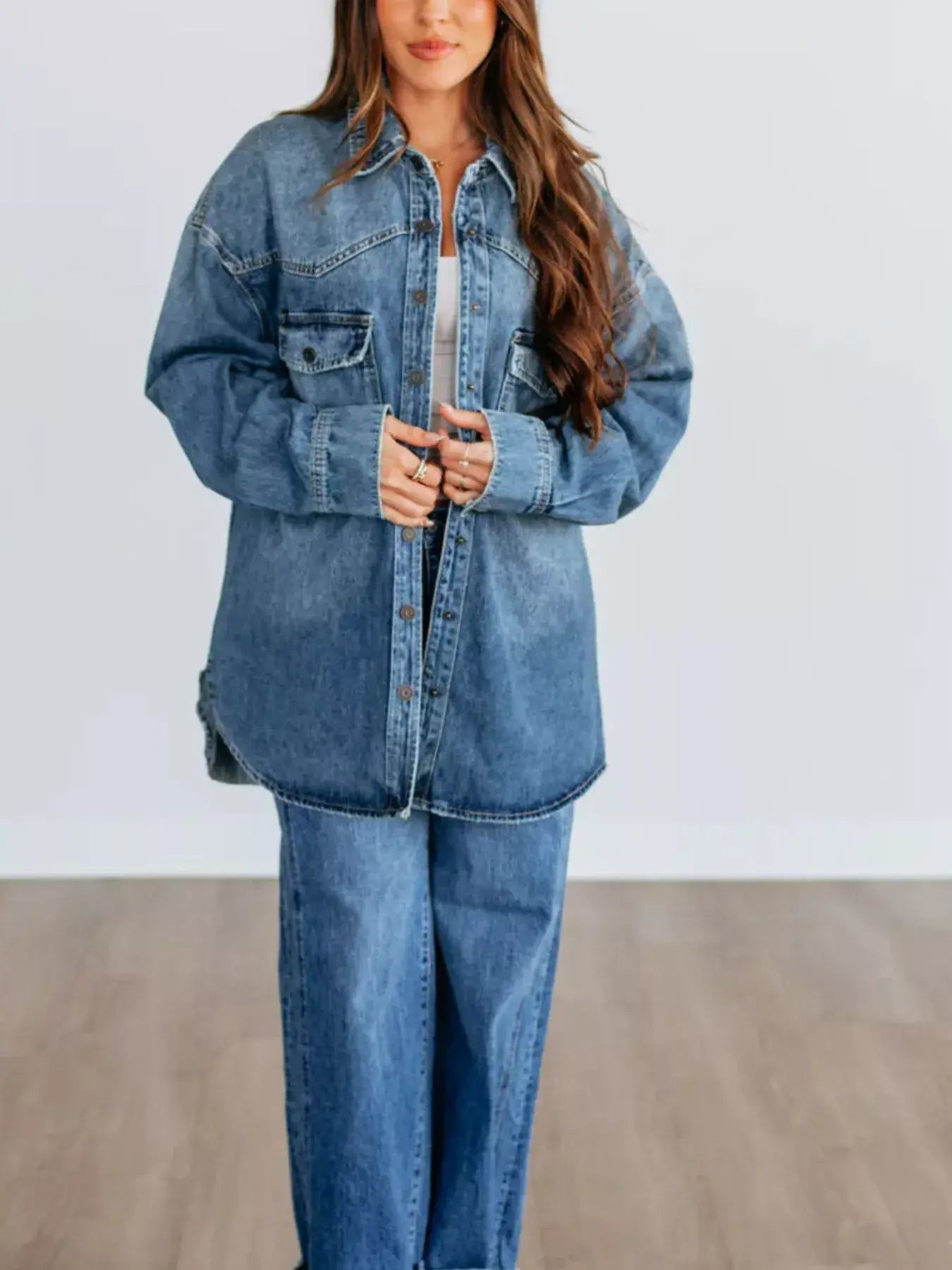 Snap Down Dropped Shoulder Denim Jacket - Denim Jacket