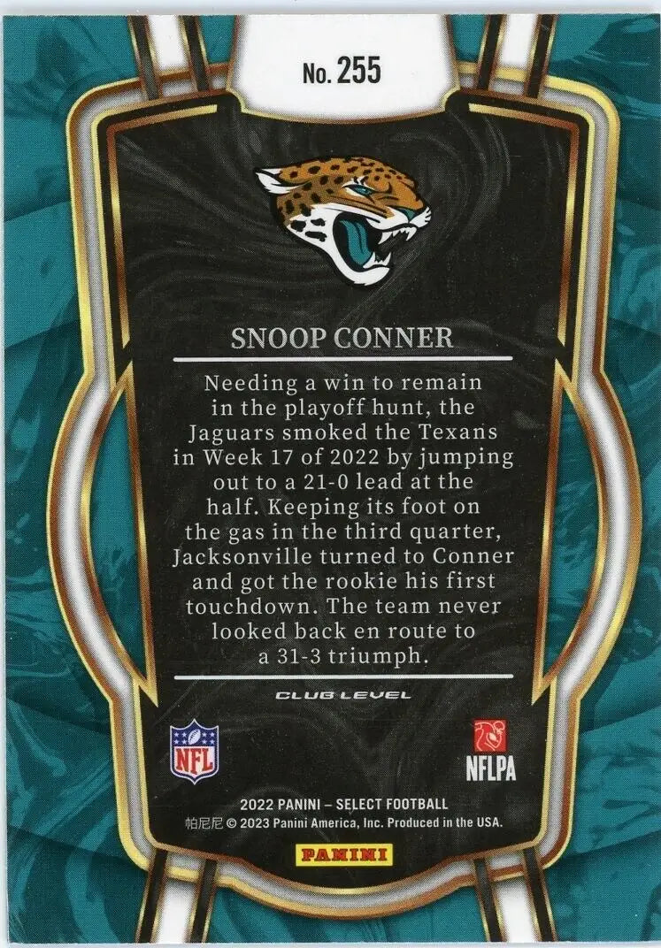 Football card back featuring Snoop Conner Rookie 2022 Panini Select Club Jacksonville Jaguars