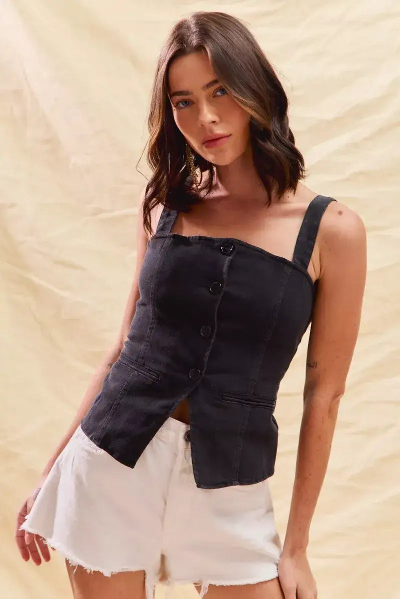 SO ME Button Down Sleeveless Game Day Fitted Denim Top