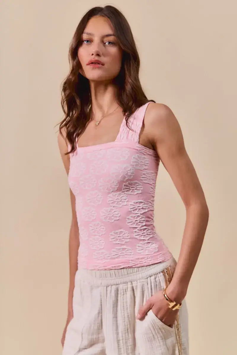 Light pink square neck floral textured seamless tank top from SO ME Two Tone Floral collection