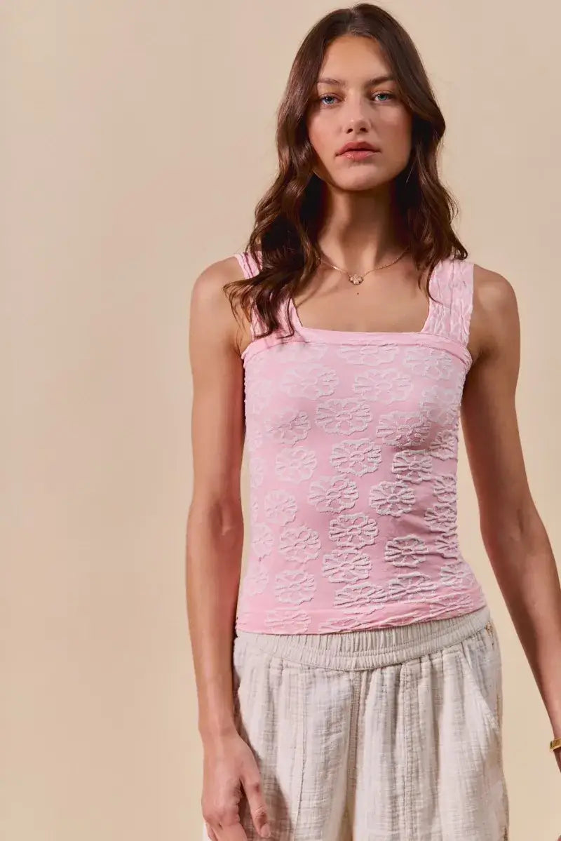 Light pink square-neck floral textured seamless tank top from SO ME Two Tone Floral collection