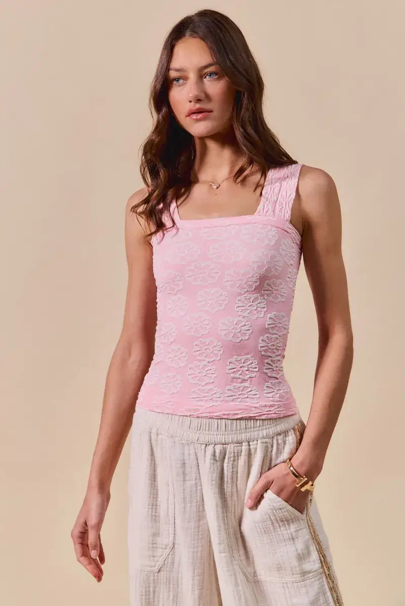 Pink SO ME Two Tone Floral Seamless Tank Top with square neckline and subtle floral pattern