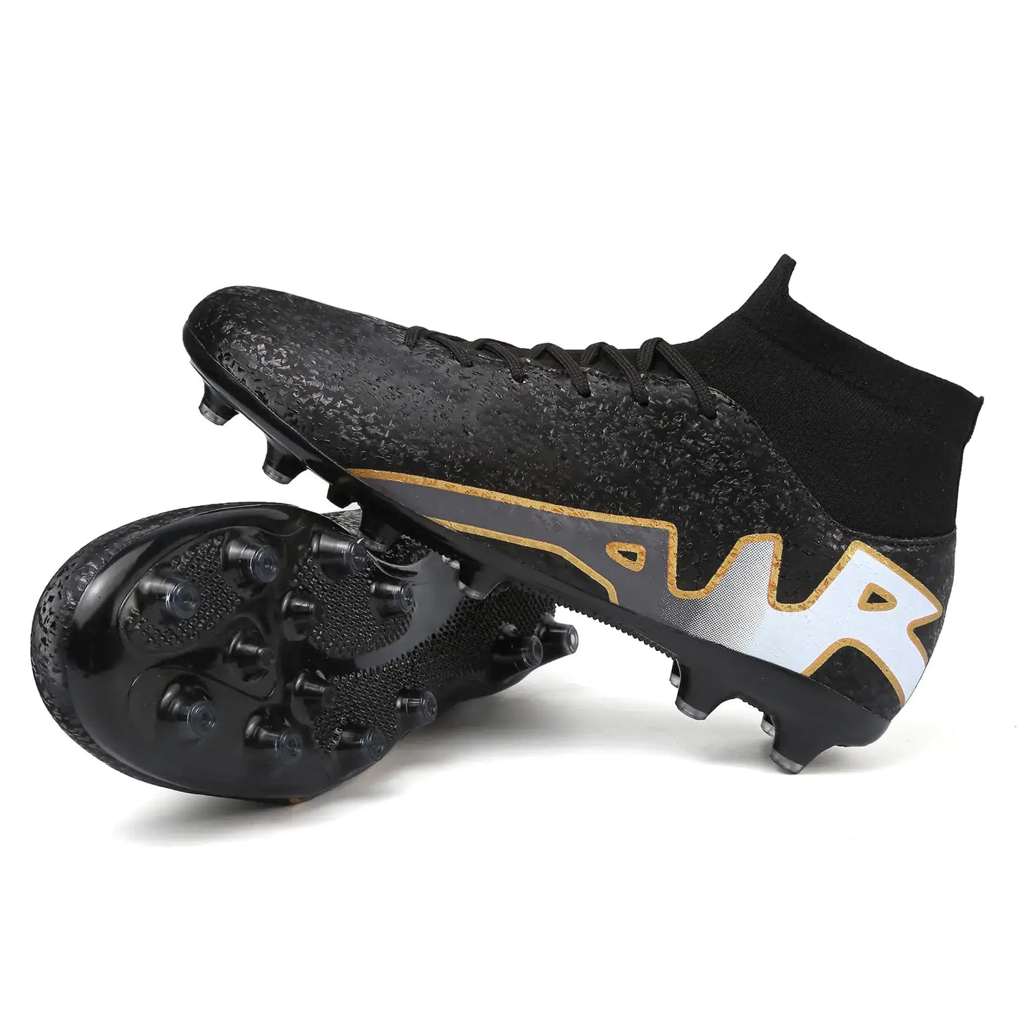 Black soccer cleats with ankle support and lace-up design for professional outdoor soccer shoes