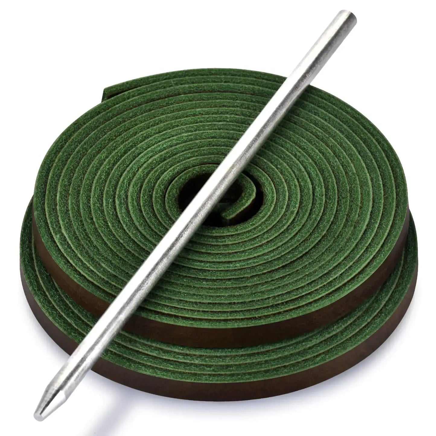 Coiled green leather glove lace with metal awl for baseball glove lacing repair