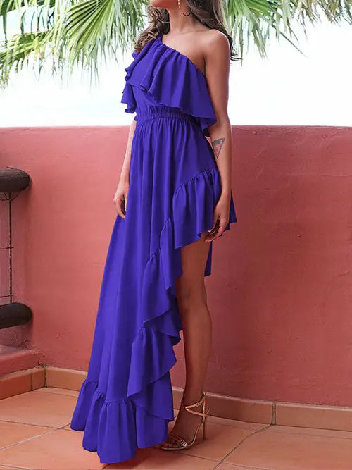 Vibrant purple solid skew collar slit party dress with high-low ruffled design