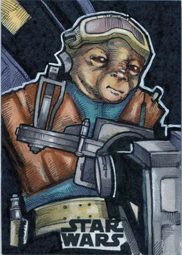 Alien pilot in helmet controls cockpit in Mike Mastermaker’s Star Wars sketch card