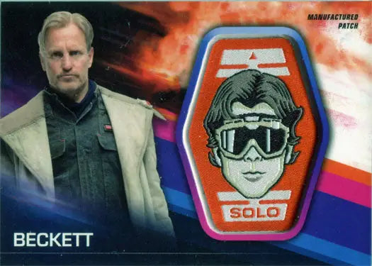 Trading card of Woody Harrelson as Beckett with Solo patch for collectors